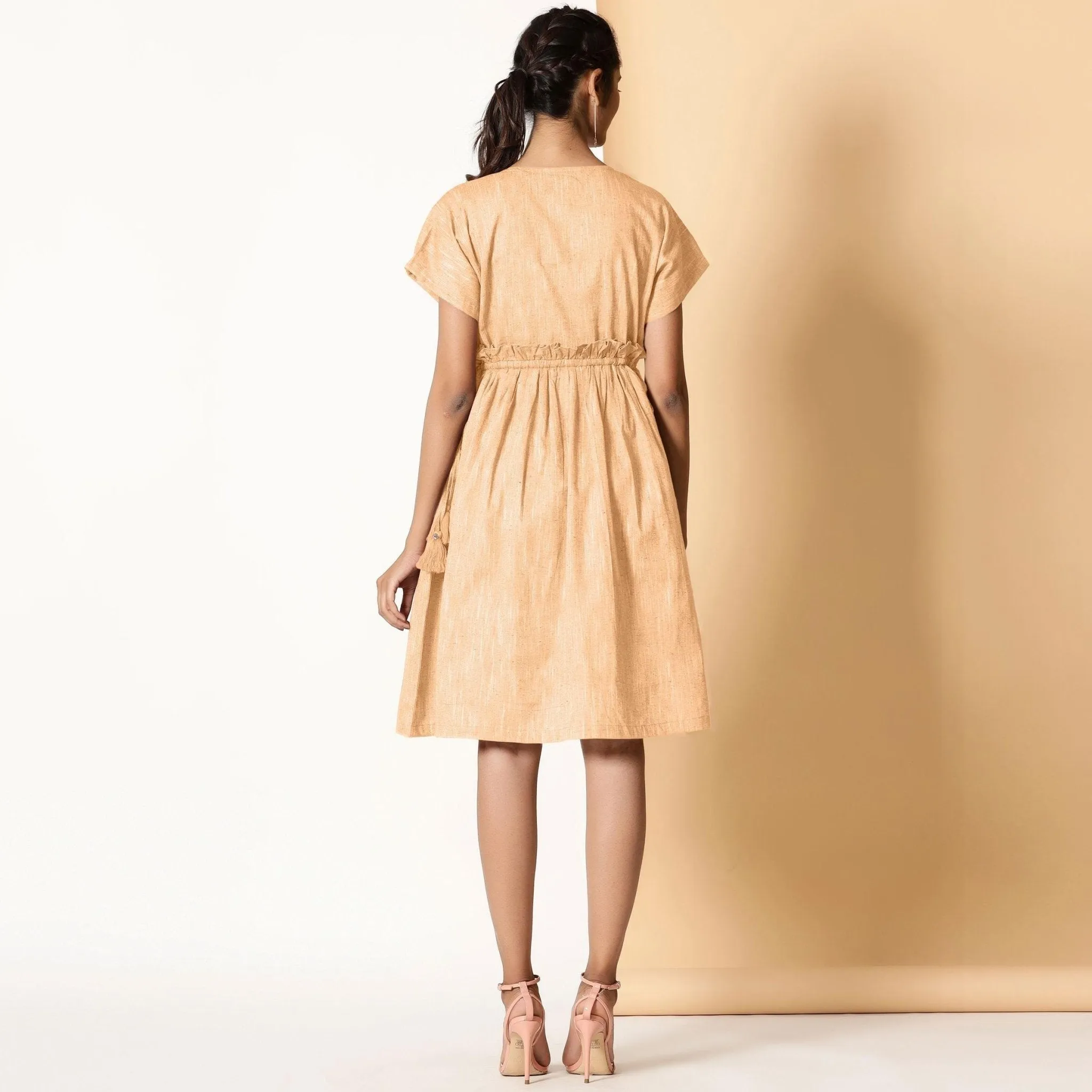 Yellow Frilled Cotton Knee Length Bohemian Dress