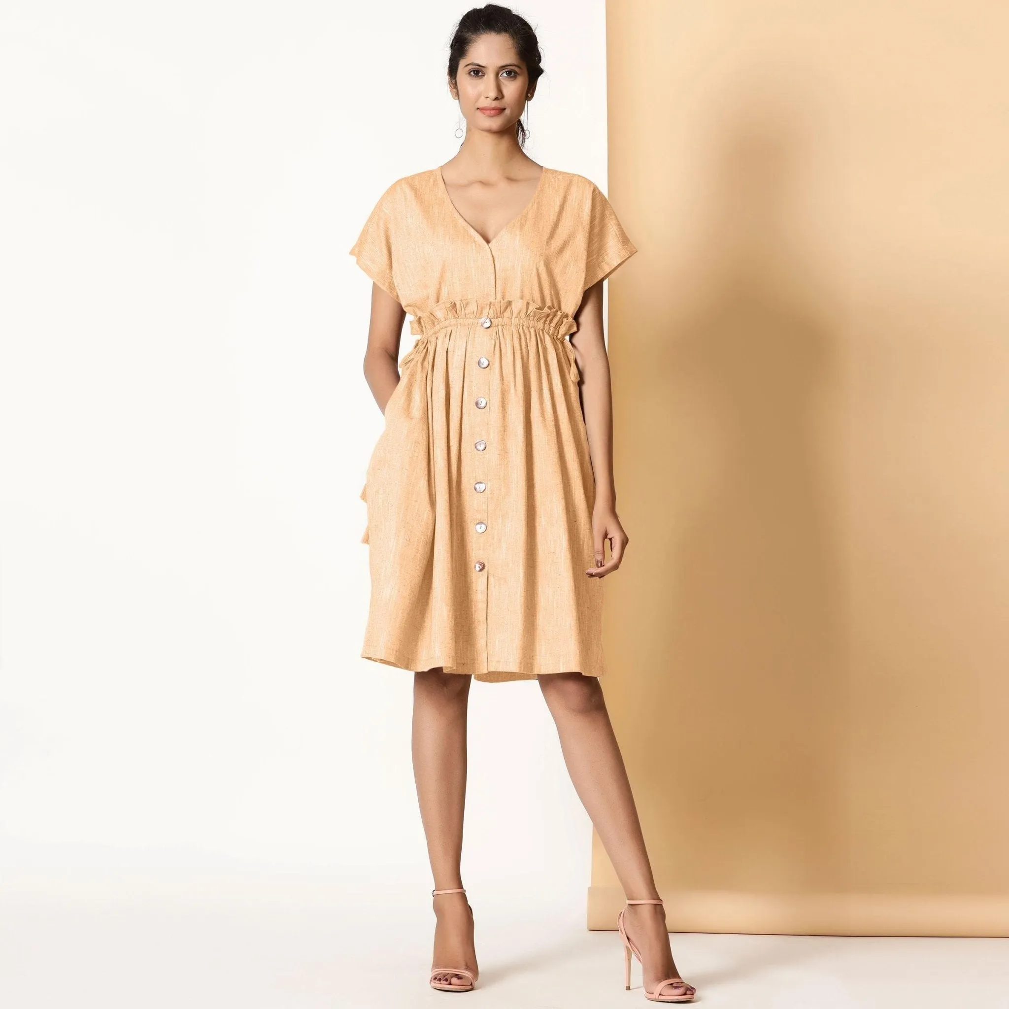 Yellow Frilled Cotton Knee Length Bohemian Dress