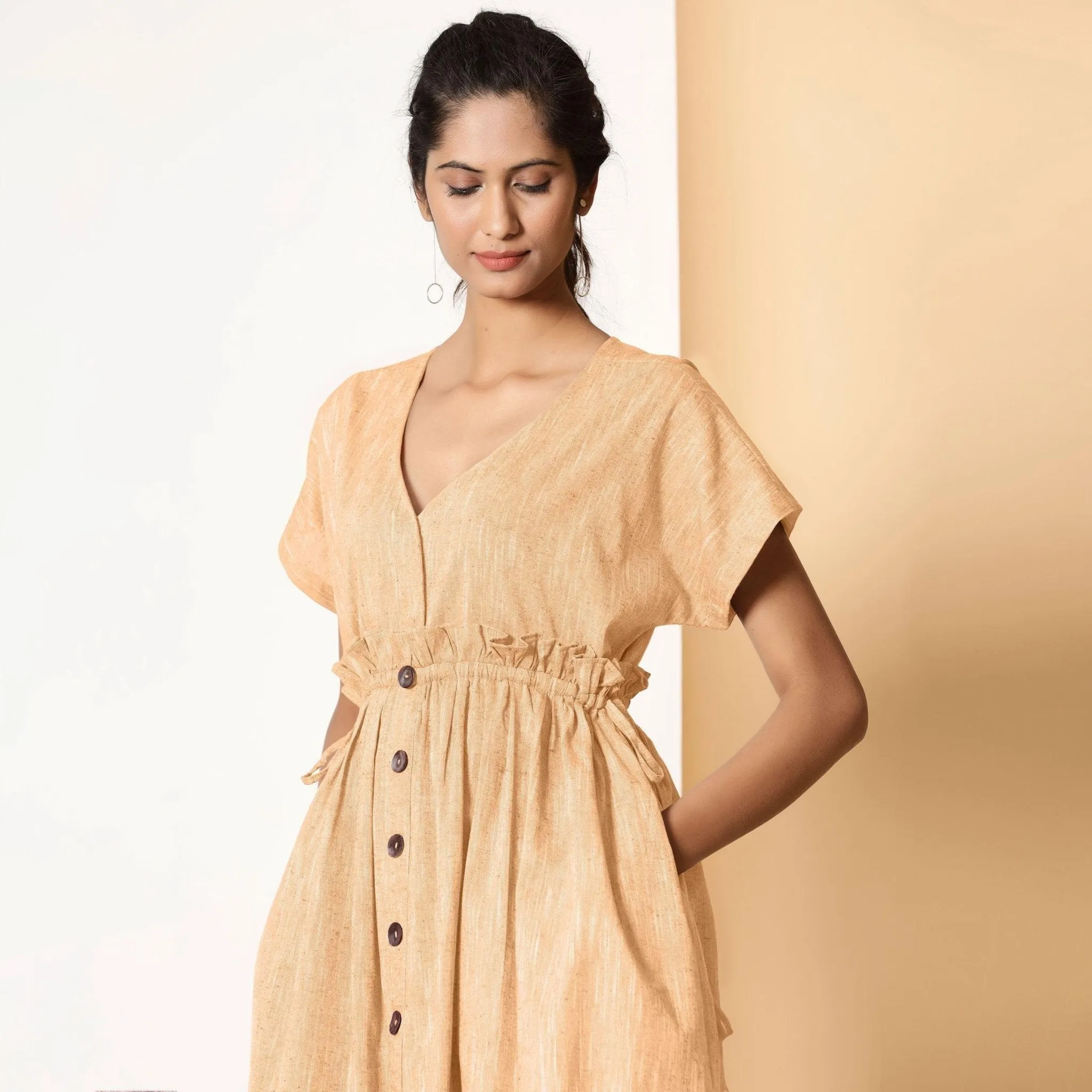 Yellow Frilled Cotton Knee Length Bohemian Dress