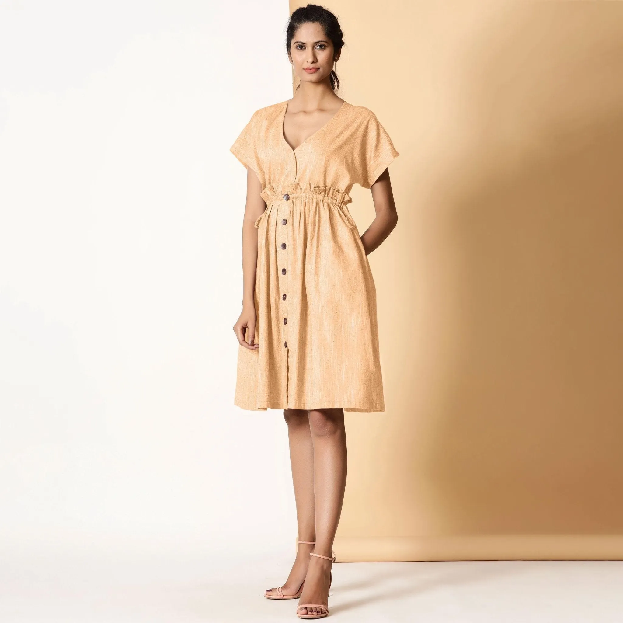 Yellow Frilled Cotton Knee Length Bohemian Dress