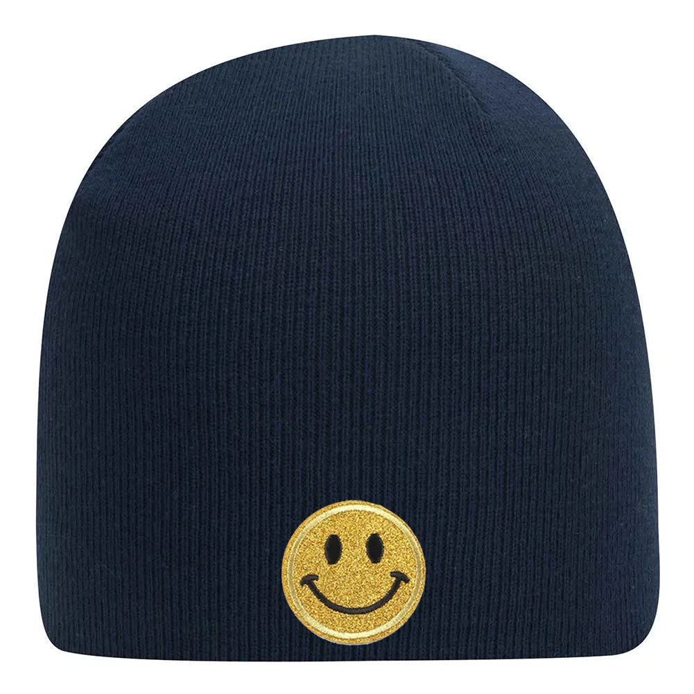 Yellow Glitter Happy Face Embroidered Patch Superior Cotton Blend 9" Classic Knit Beanies for Men & Women