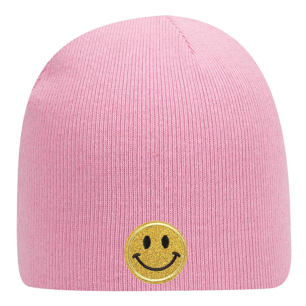 Yellow Glitter Happy Face Embroidered Patch Superior Cotton Blend 9" Classic Knit Beanies for Men & Women