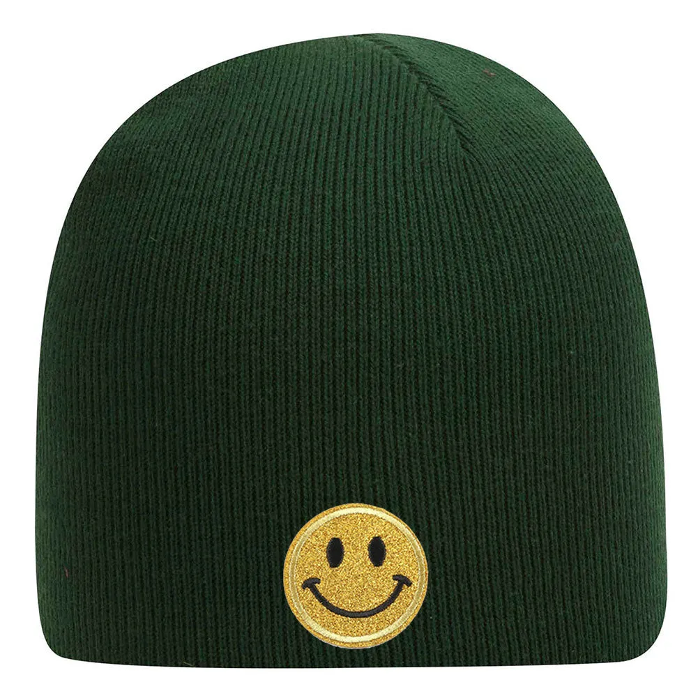 Yellow Glitter Happy Face Embroidered Patch Superior Cotton Blend 9" Classic Knit Beanies for Men & Women