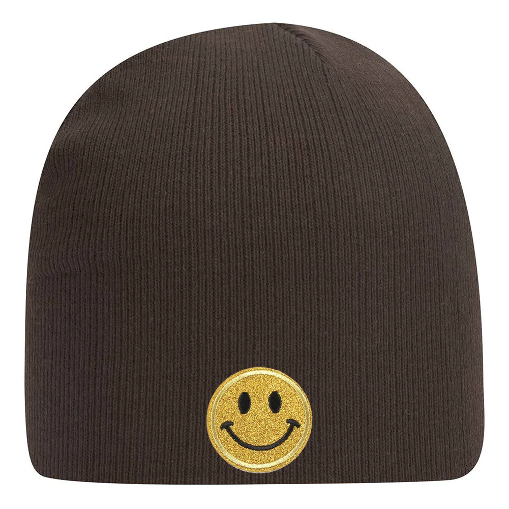 Yellow Glitter Happy Face Embroidered Patch Superior Cotton Blend 9" Classic Knit Beanies for Men & Women