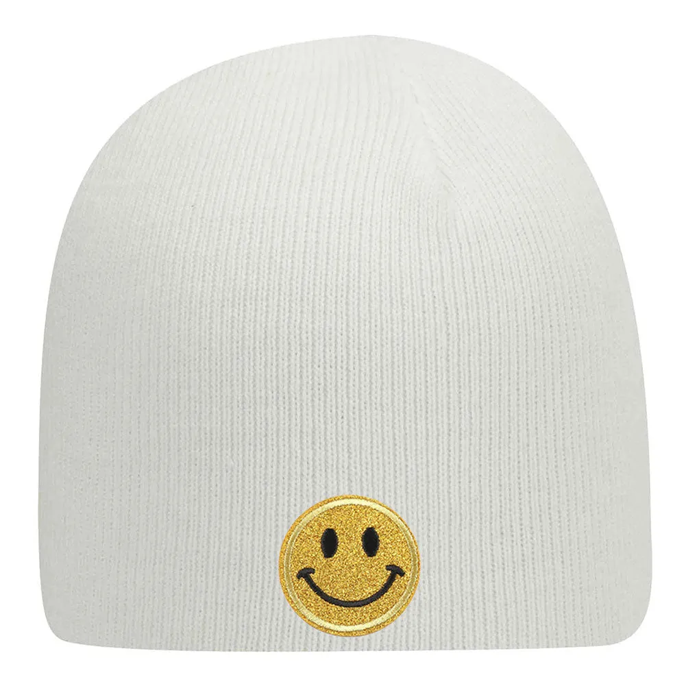 Yellow Glitter Happy Face Embroidered Patch Superior Cotton Blend 9" Classic Knit Beanies for Men & Women