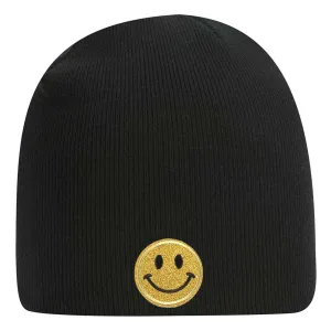 Yellow Glitter Happy Face Embroidered Patch Superior Cotton Blend 9" Classic Knit Beanies for Men & Women