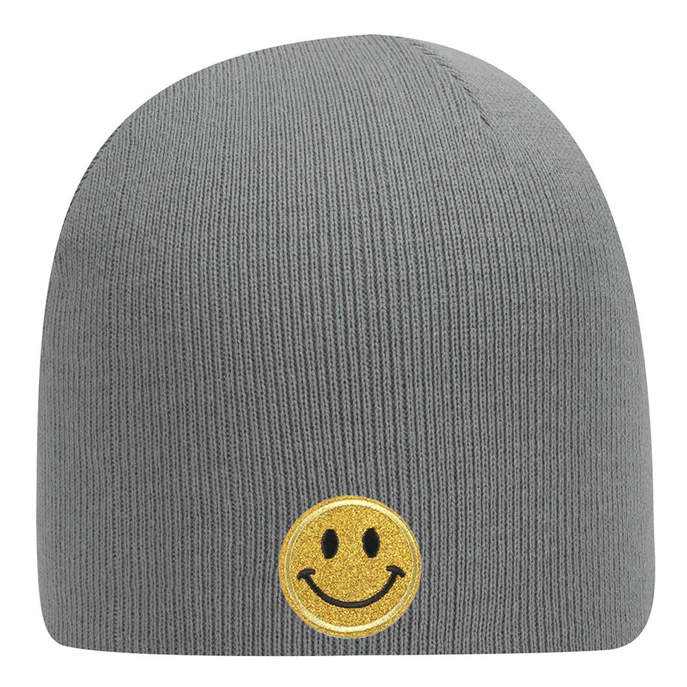 Yellow Glitter Happy Face Embroidered Patch Superior Cotton Blend 9" Classic Knit Beanies for Men & Women