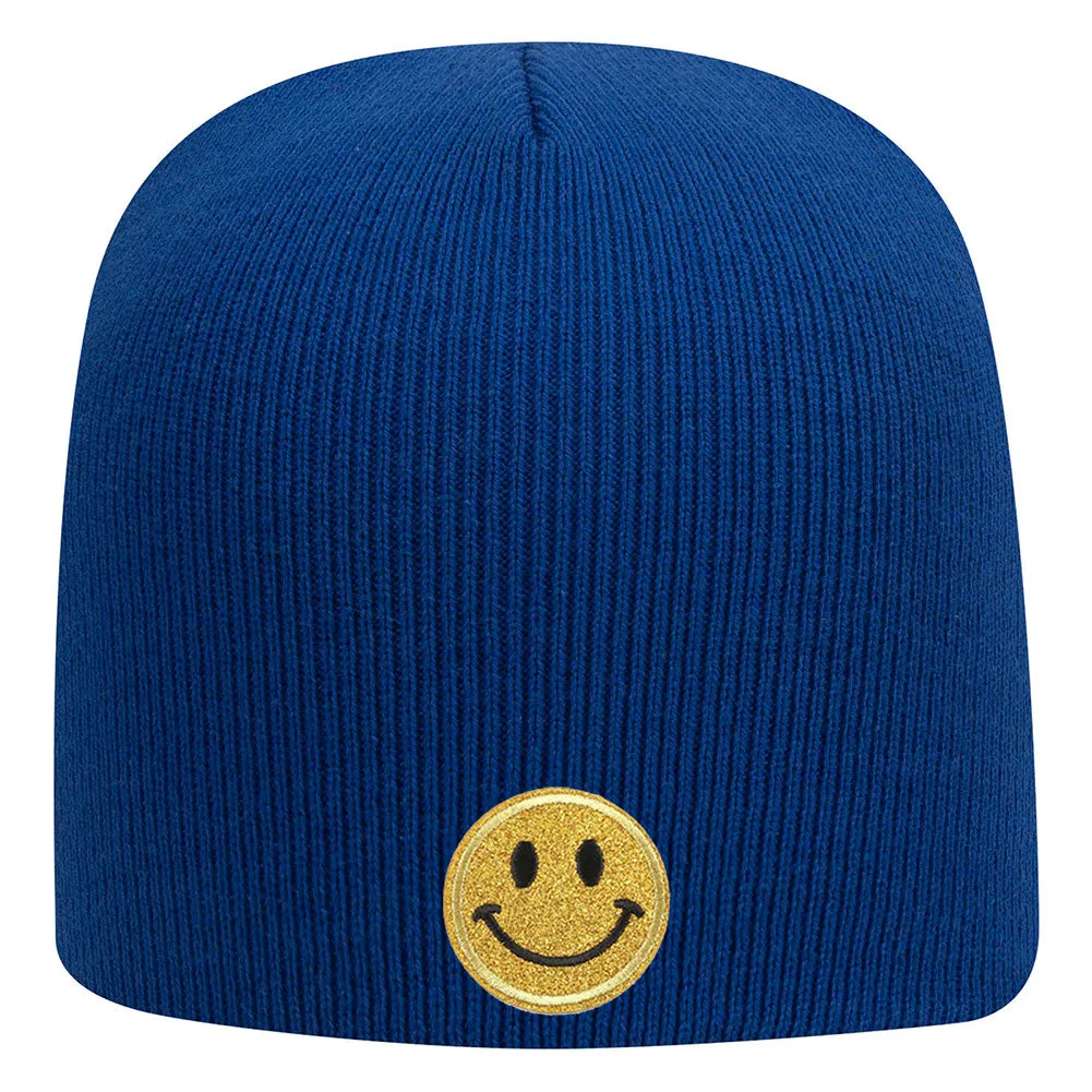 Yellow Glitter Happy Face Embroidered Patch Superior Cotton Blend 9" Classic Knit Beanies for Men & Women