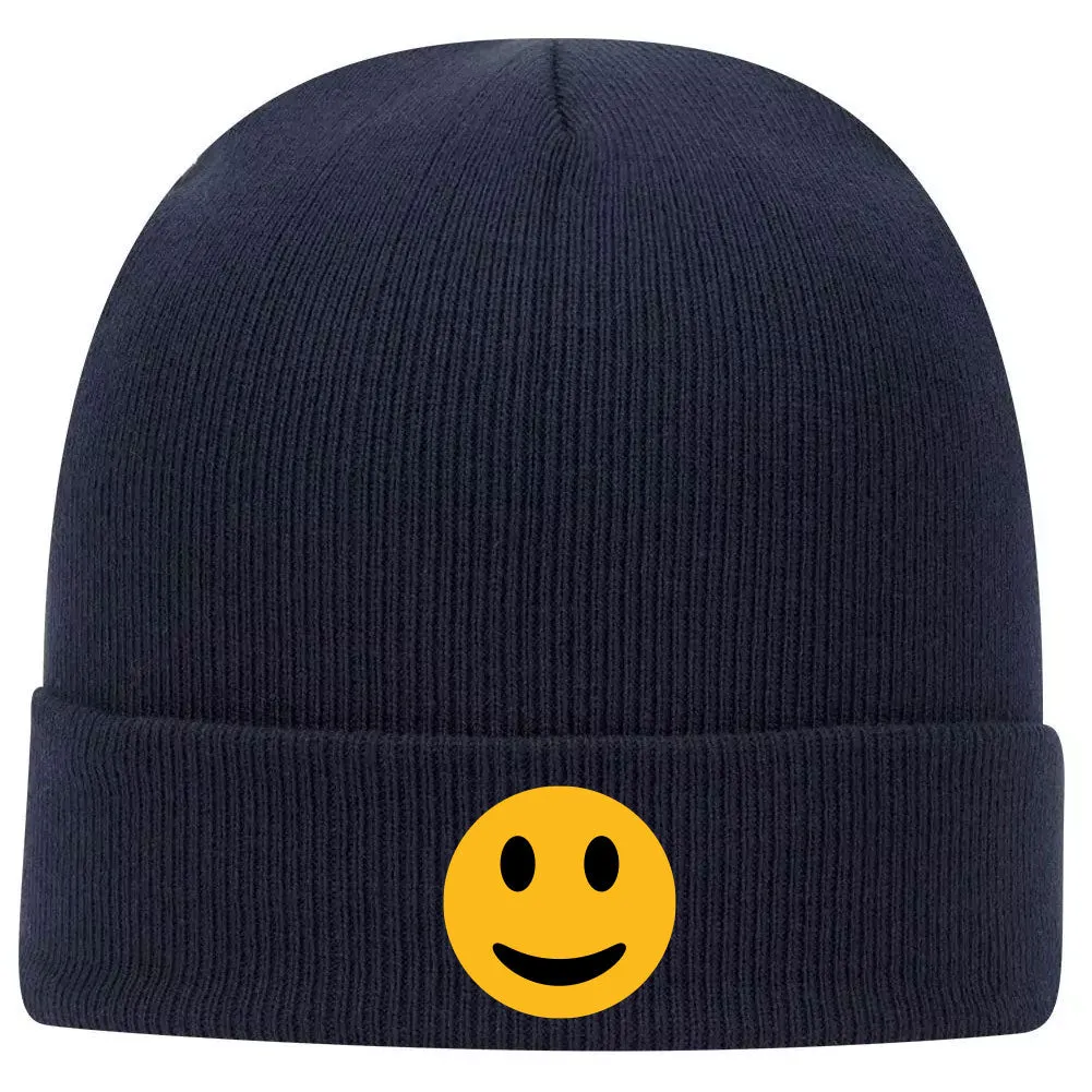 Yellow Happy Face Suede Like Feel Printed Superior Cotton Blend 12" Classic Knit Cuff Beanies for Men & Women