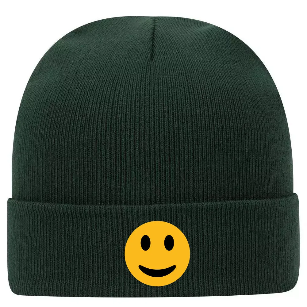 Yellow Happy Face Suede Like Feel Printed Superior Cotton Blend 12" Classic Knit Cuff Beanies for Men & Women