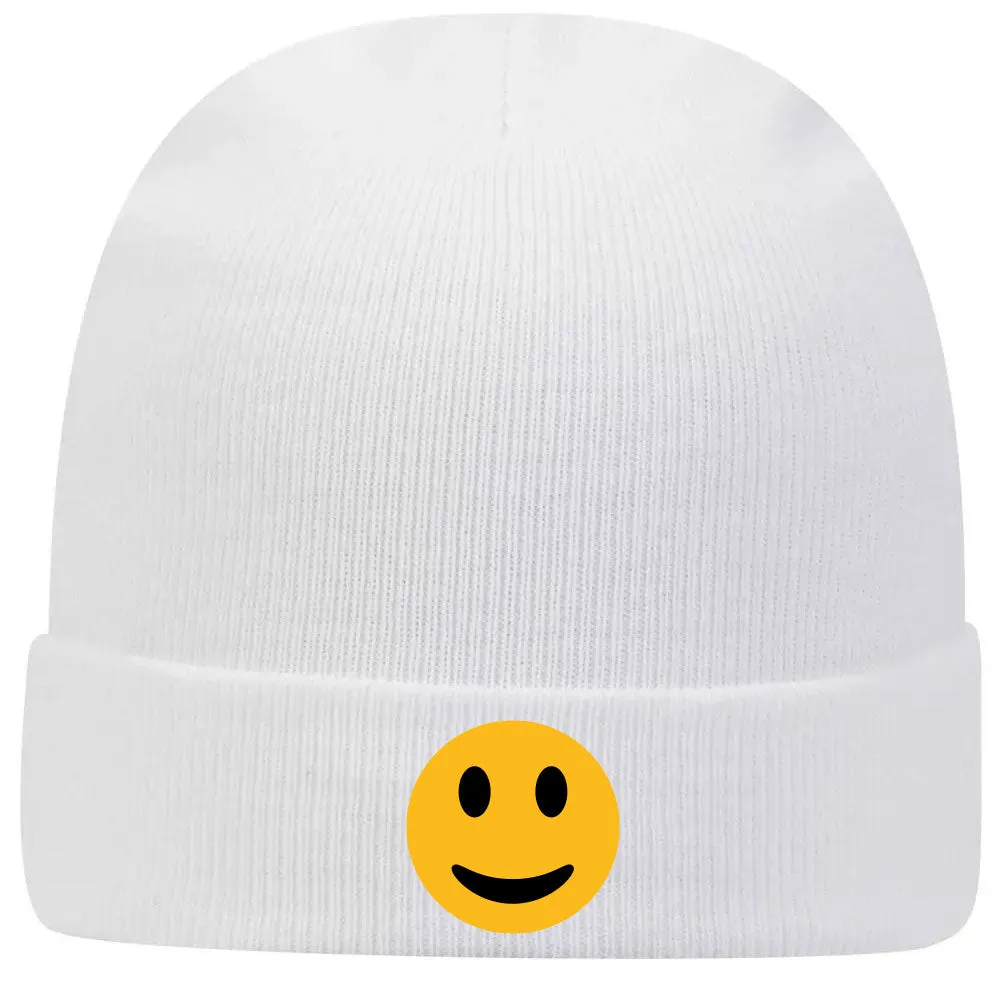 Yellow Happy Face Suede Like Feel Printed Superior Cotton Blend 12" Classic Knit Cuff Beanies for Men & Women