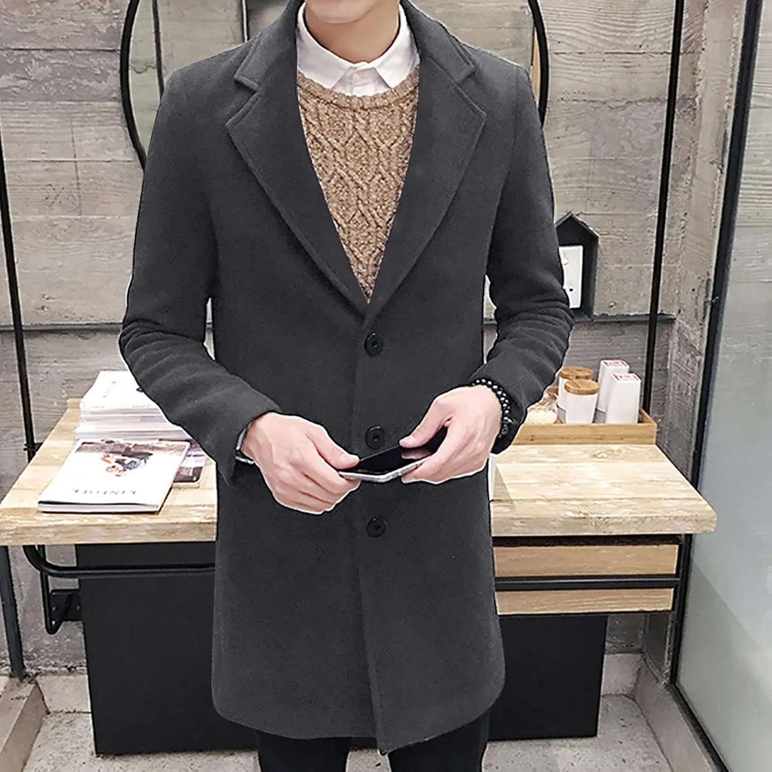 Ymosrh Winter Coats for Men Formal Single Breasted Figuring Overcoat Long Wool Warm Jacket Outwear Jackets