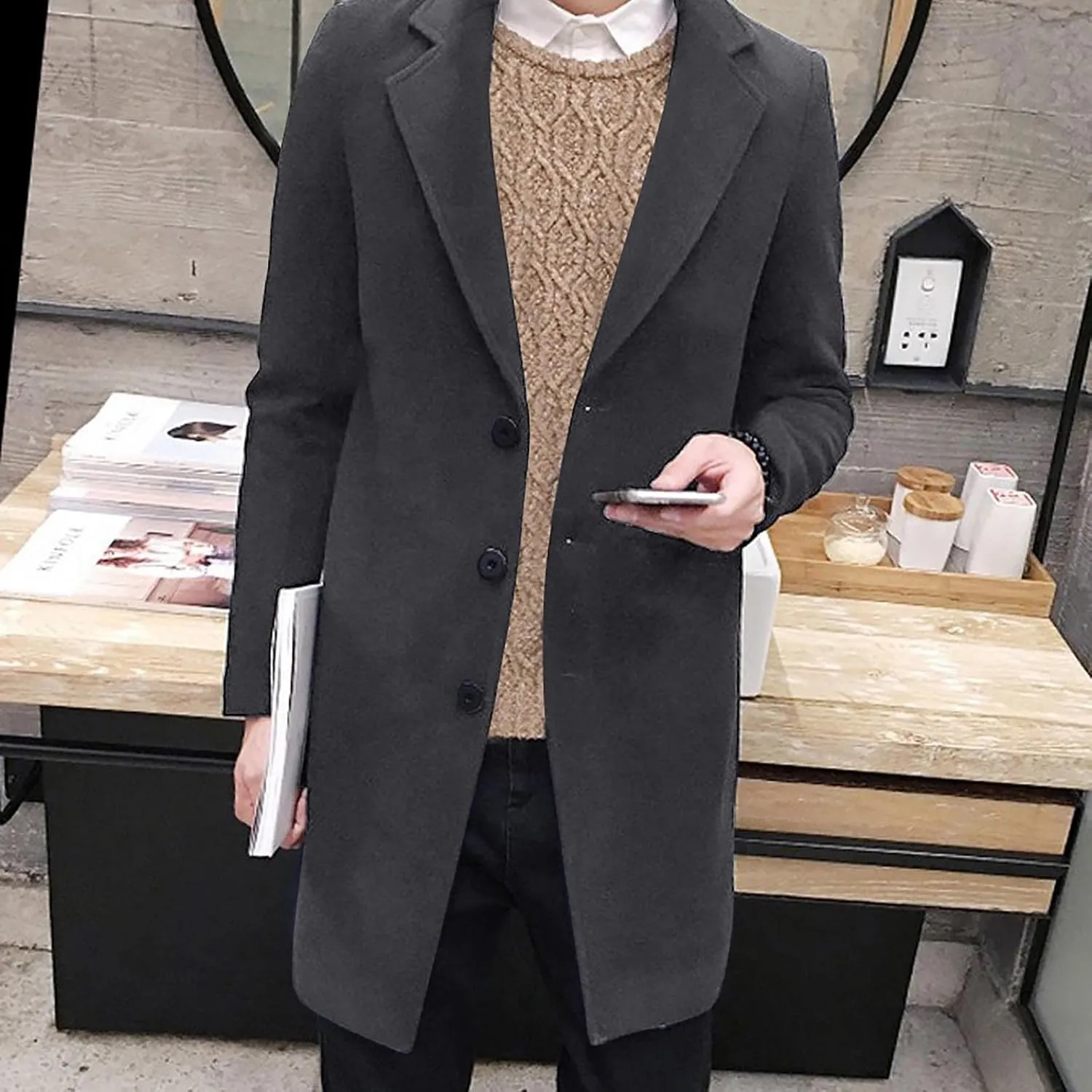 Ymosrh Winter Coats for Men Formal Single Breasted Figuring Overcoat Long Wool Warm Jacket Outwear Jackets