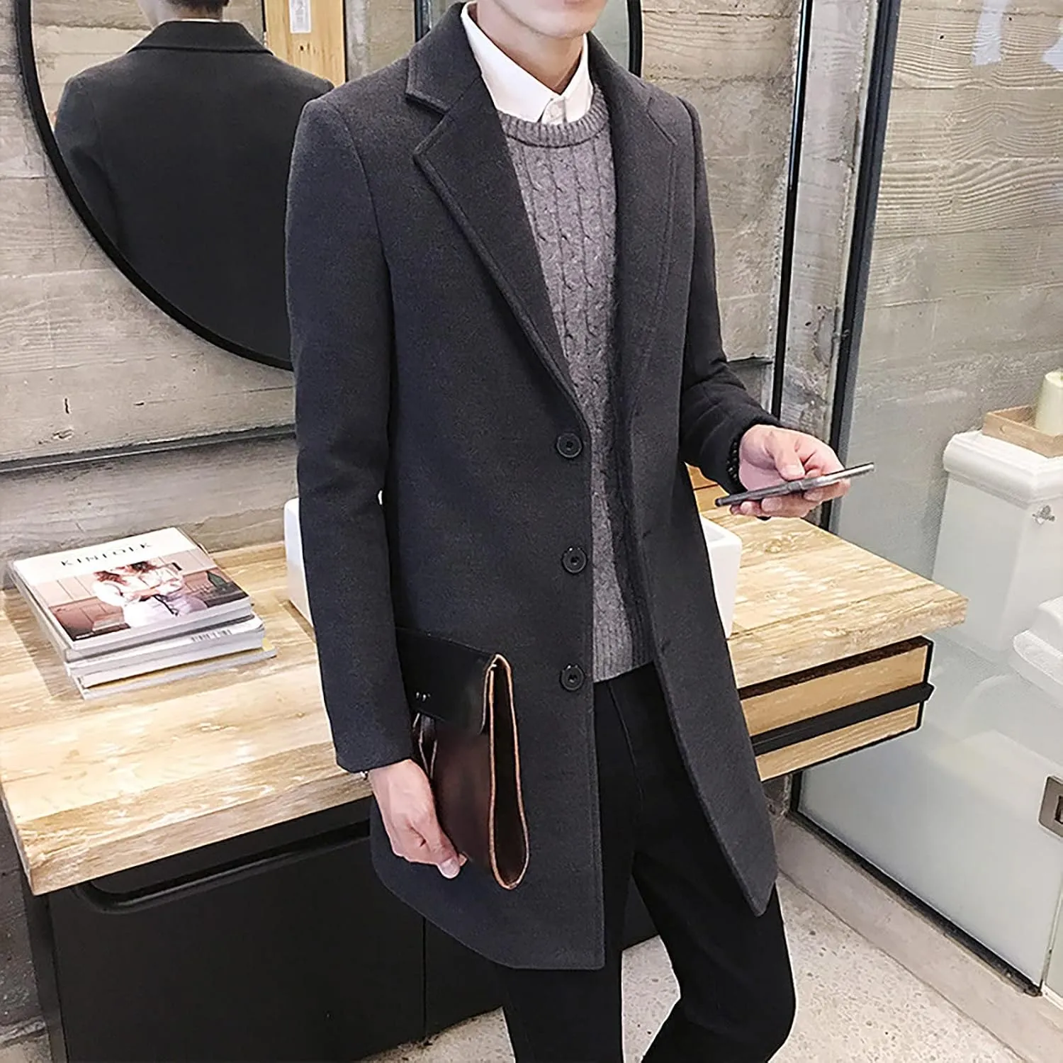 Ymosrh Winter Coats for Men Formal Single Breasted Figuring Overcoat Long Wool Warm Jacket Outwear Jackets