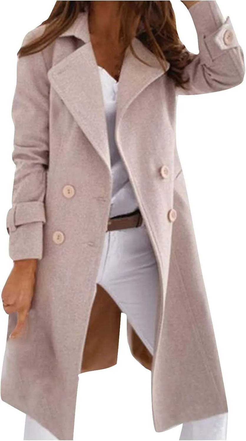 YRAETENM Pea Coats for Women Double Breasted Notched Lapel Winter Trench Coat Elegant Wool Blend over Coats Long Jackets