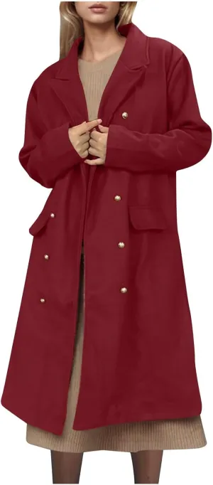YRAETENM Pea Coats for Women Winter Double Breasted Midi Long Wool Blend Jackets Oversized Notch Lapel Trench Coat Overcoat