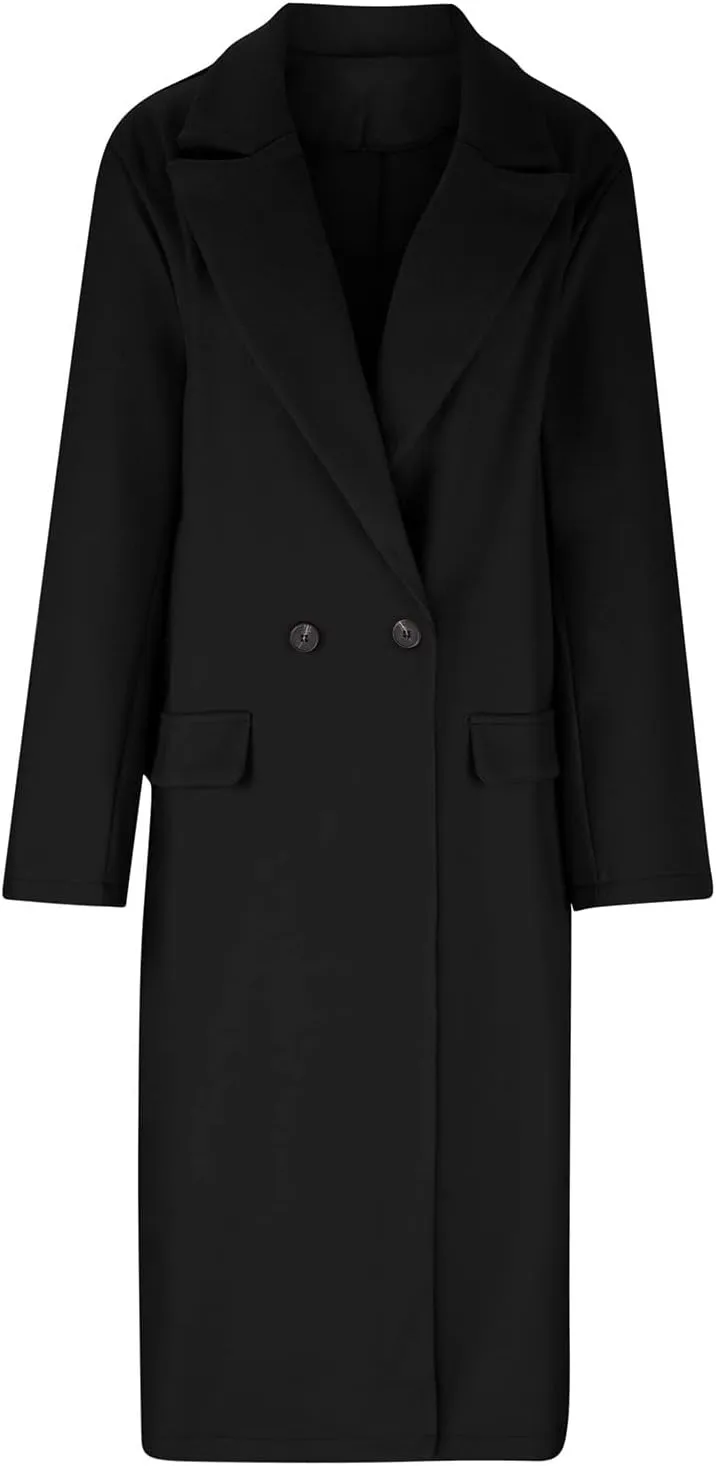 YRAETENM Trench Coat Women Oversized Notch Lapel Mid Long Wool Blend Coat Business Casual Fall Winter Pea Coat with Pockets