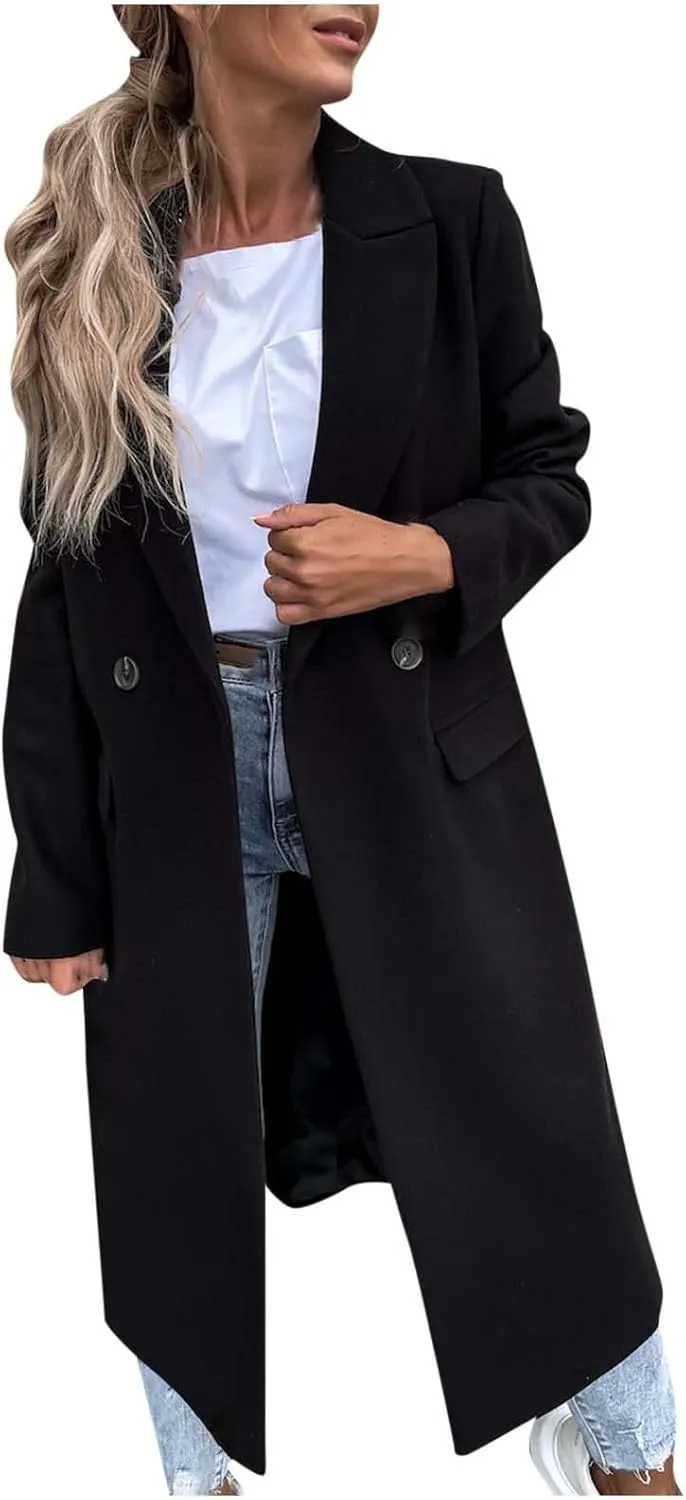 YRAETENM Trench Coat Women Oversized Notch Lapel Mid Long Wool Blend Coat Business Casual Fall Winter Pea Coat with Pockets