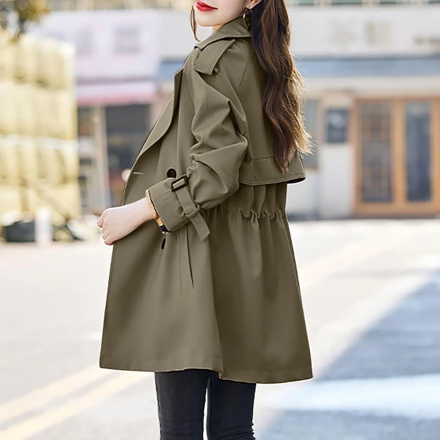 YRAETENM Women Hooded Trench Coat Lightwieght Double Breasted Anoraks Wind Breaker Elegant Long Jacket Fall Clothes Outfits