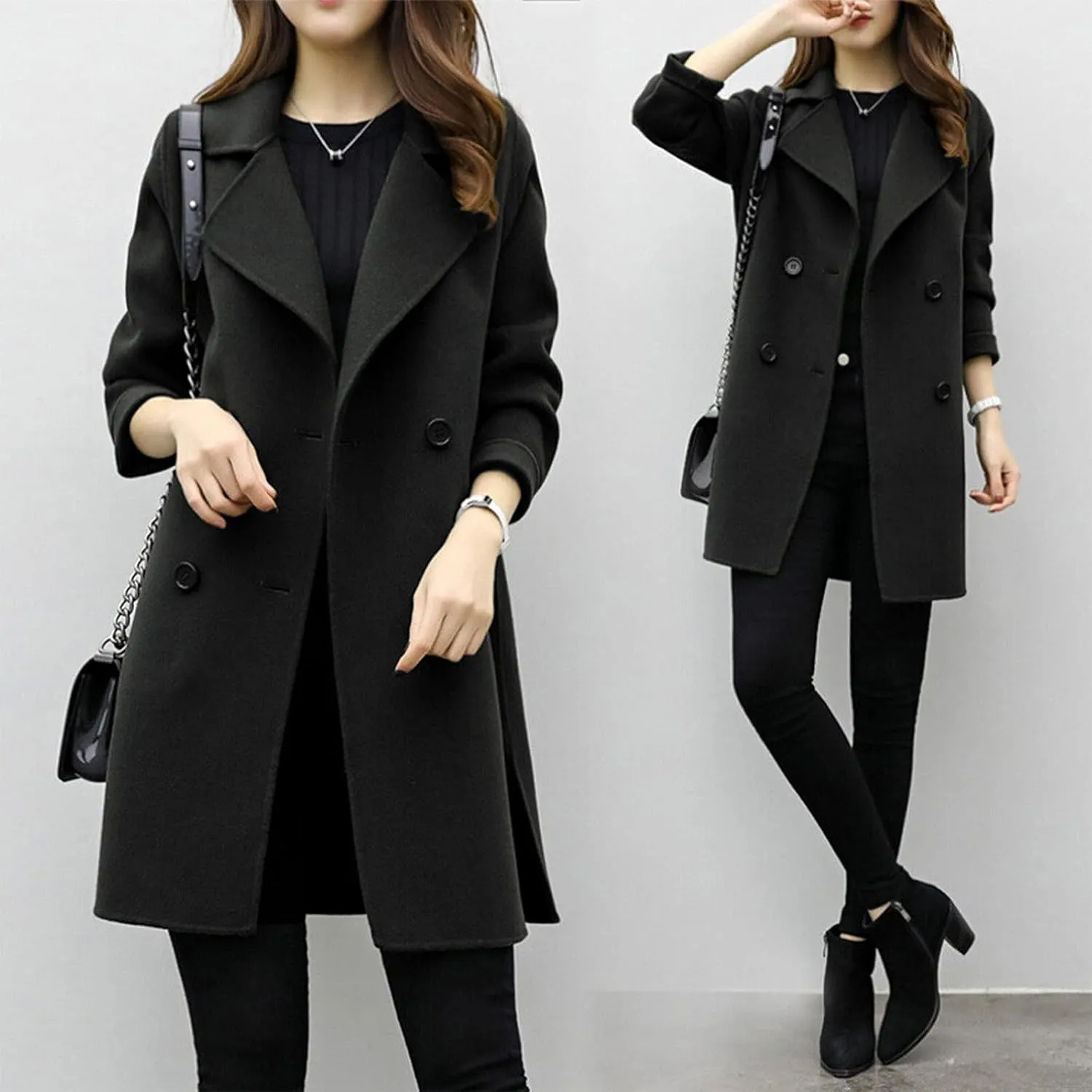 YRAETENM Womens Long Double Breasted Coats Elegant Elegant Notch Collar Wool Blend over Coat Fall Winter Trench Coat Outwear