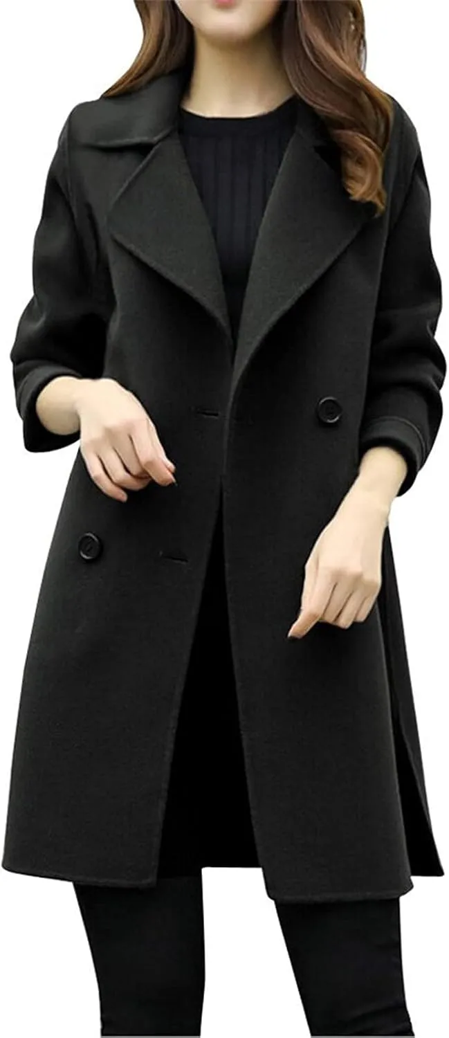 YRAETENM Womens Long Double Breasted Coats Elegant Elegant Notch Collar Wool Blend over Coat Fall Winter Trench Coat Outwear