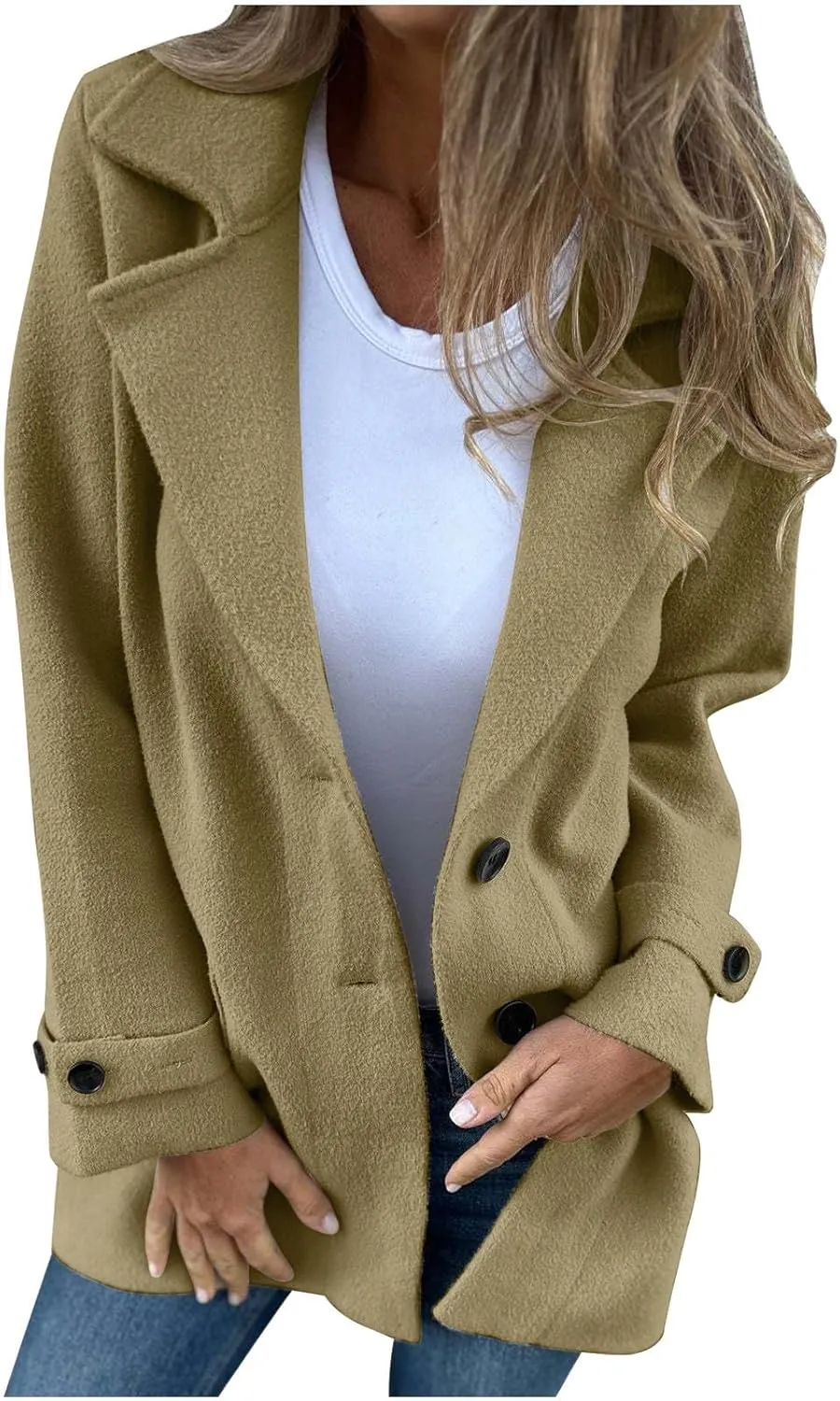 YRAETENM Womens Pea Coat Casual Notch Lapel Single Breasted Trench Coat Fall Winter Long Jackets Warm Open Front Wool Coat