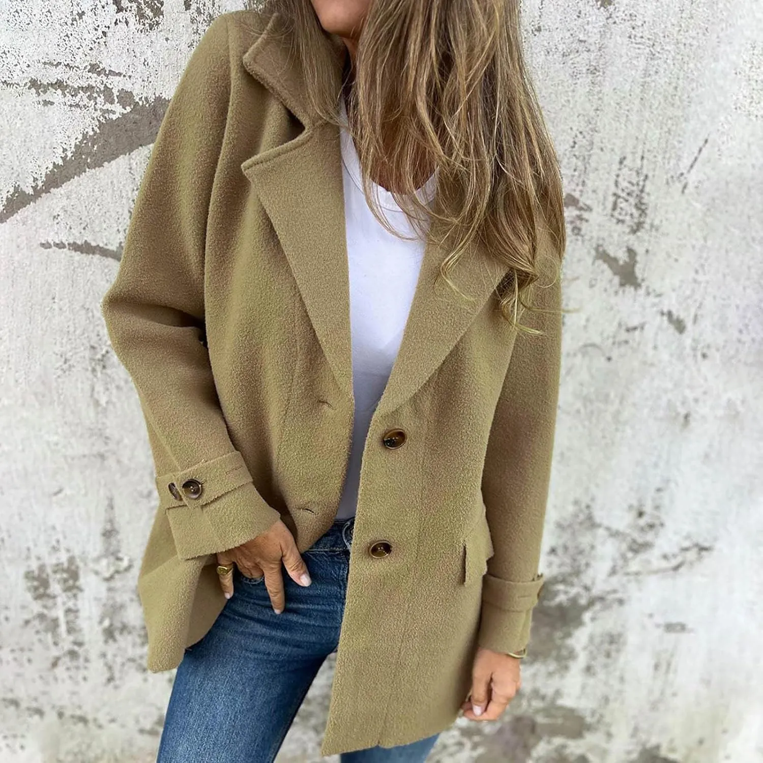 YRAETENM Womens Pea Coat Casual Notch Lapel Single Breasted Trench Coat Fall Winter Long Jackets Warm Open Front Wool Coat