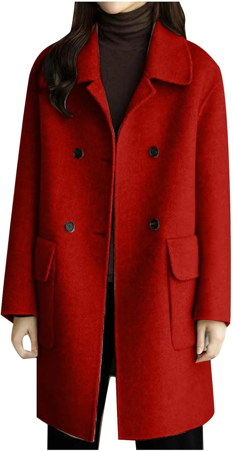 YRAETENM Women's Trench Coats Casual Notch Lapel Double Breasted Warm Pea Coat Mid-Length Wool Blend Coats with Pockets