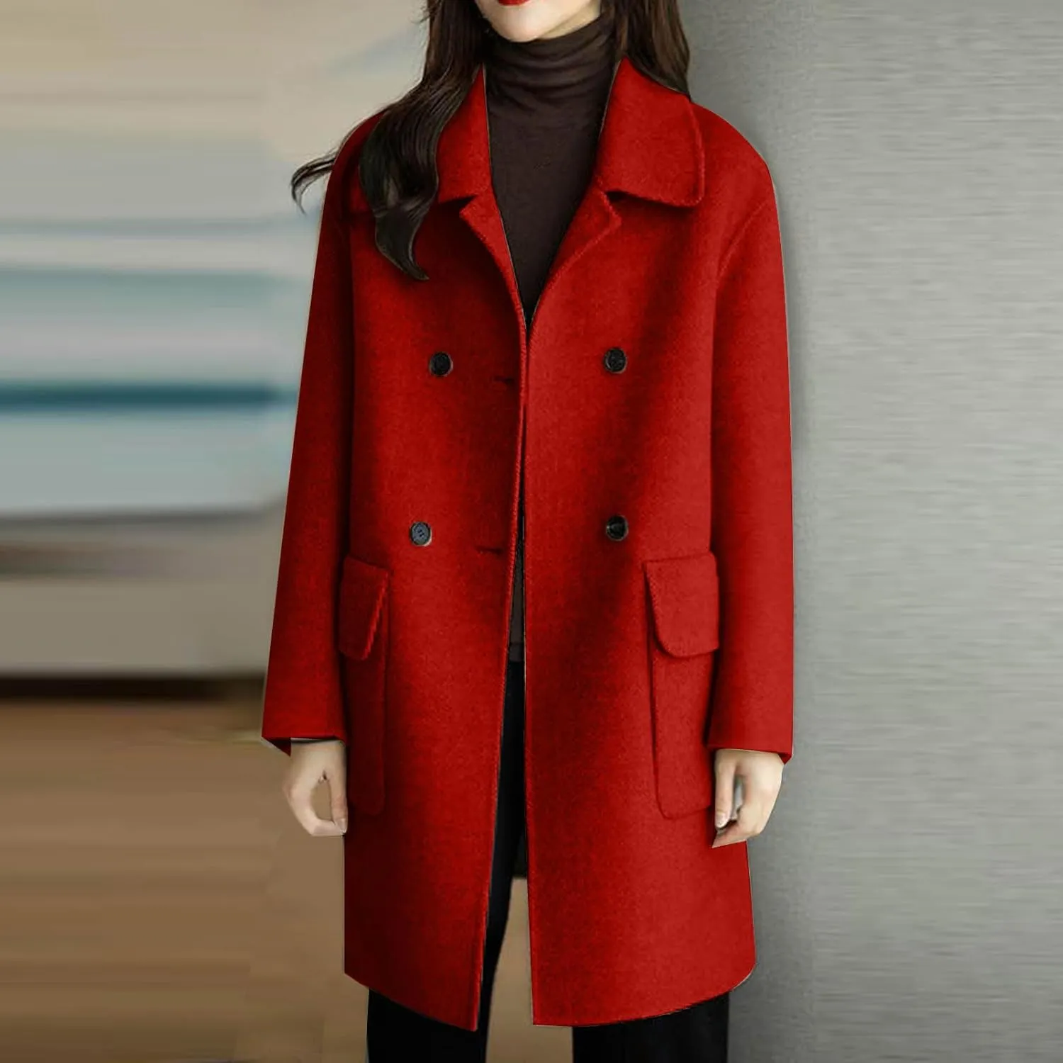 YRAETENM Women's Trench Coats Casual Notch Lapel Double Breasted Warm Pea Coat Mid-Length Wool Blend Coats with Pockets