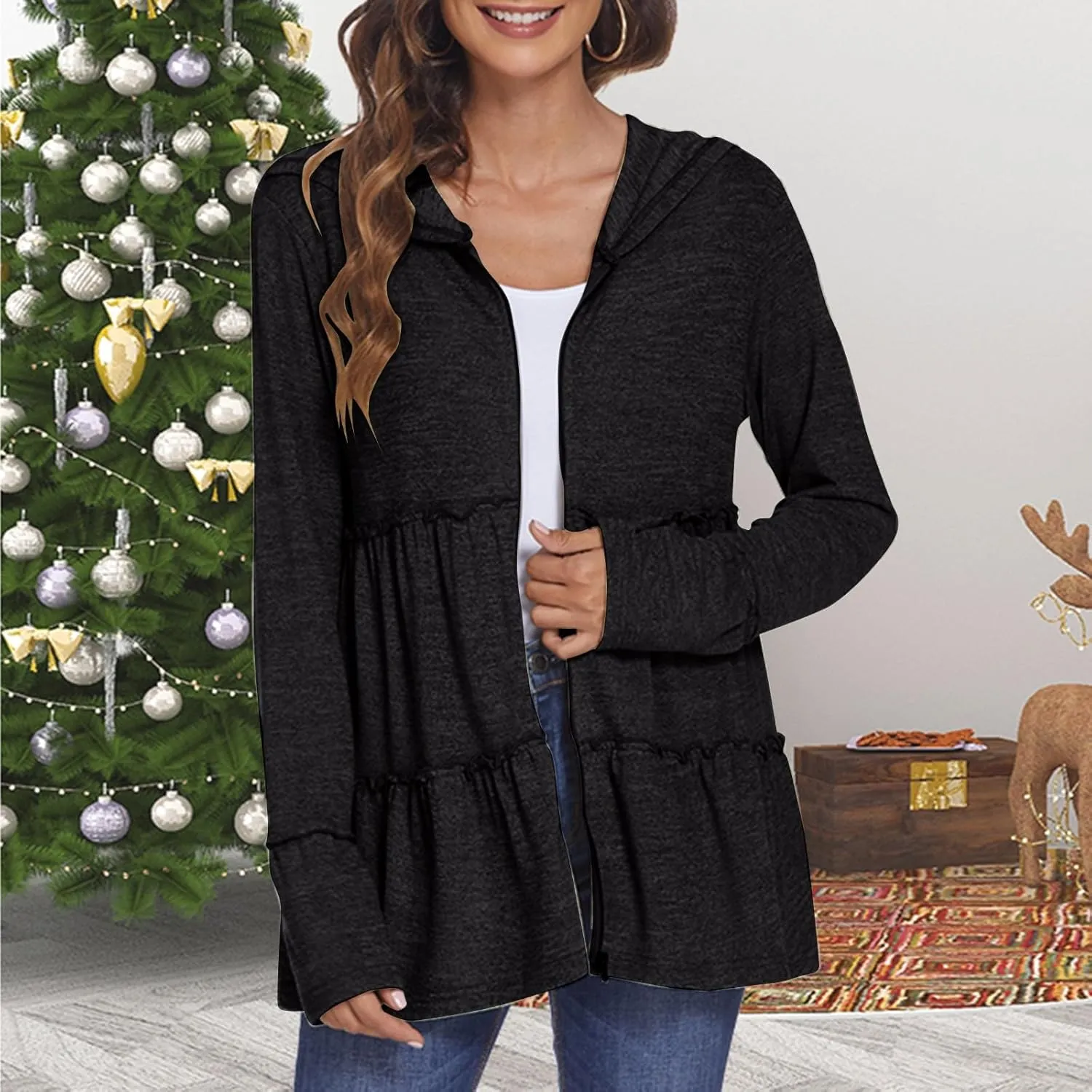 Zip Up Hoodie Women Casual Peplum Lightweight Athletic Sweat Zip Up Jackets Cute Tiered Ruffle Sweatshirt Hoodies