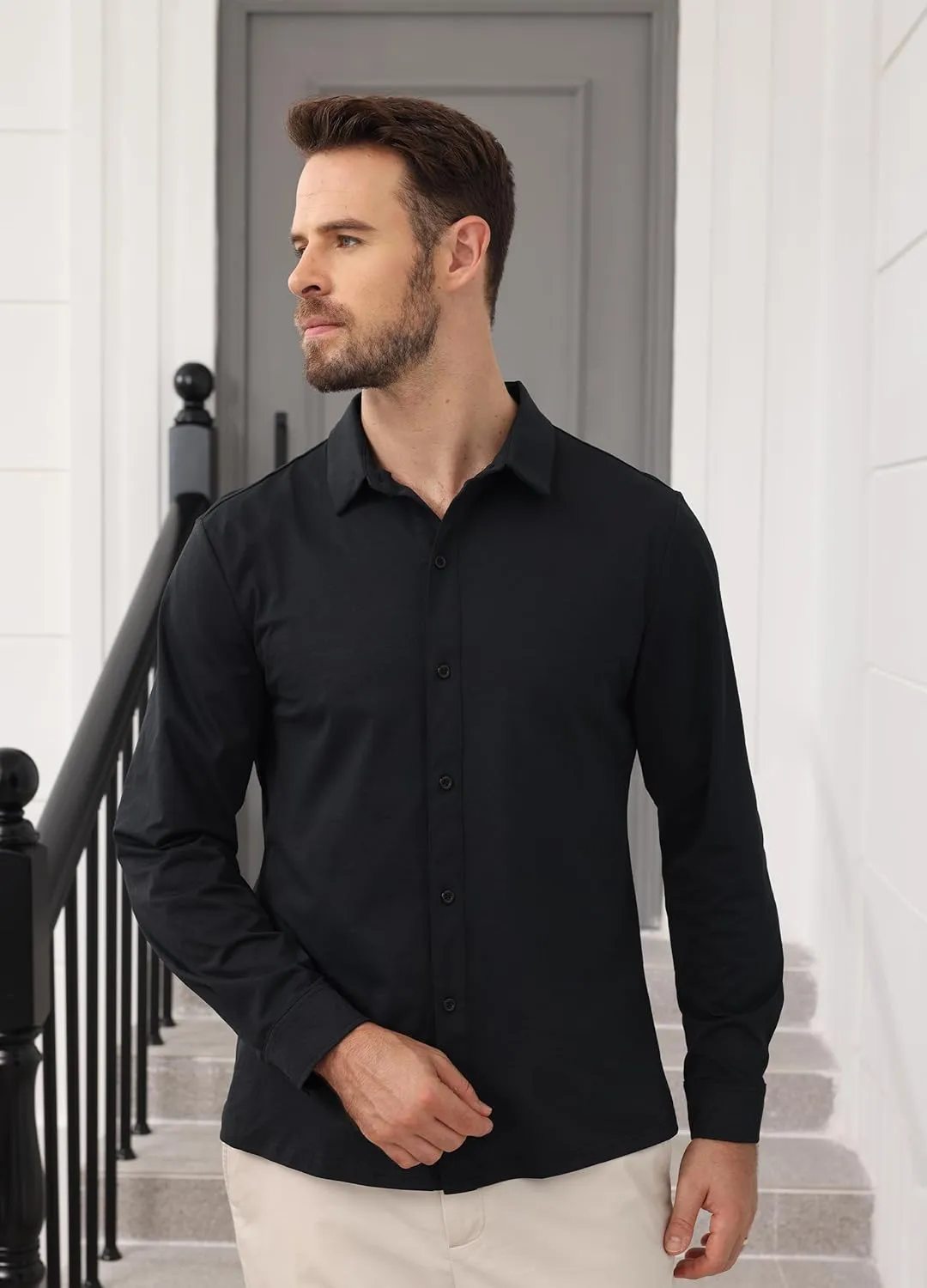 ZTN Men's Casual Stretchy Short Sleeve Button Down Wrinkle Free Shirts UV50  Moisture Untucked Dress Summer Shirts