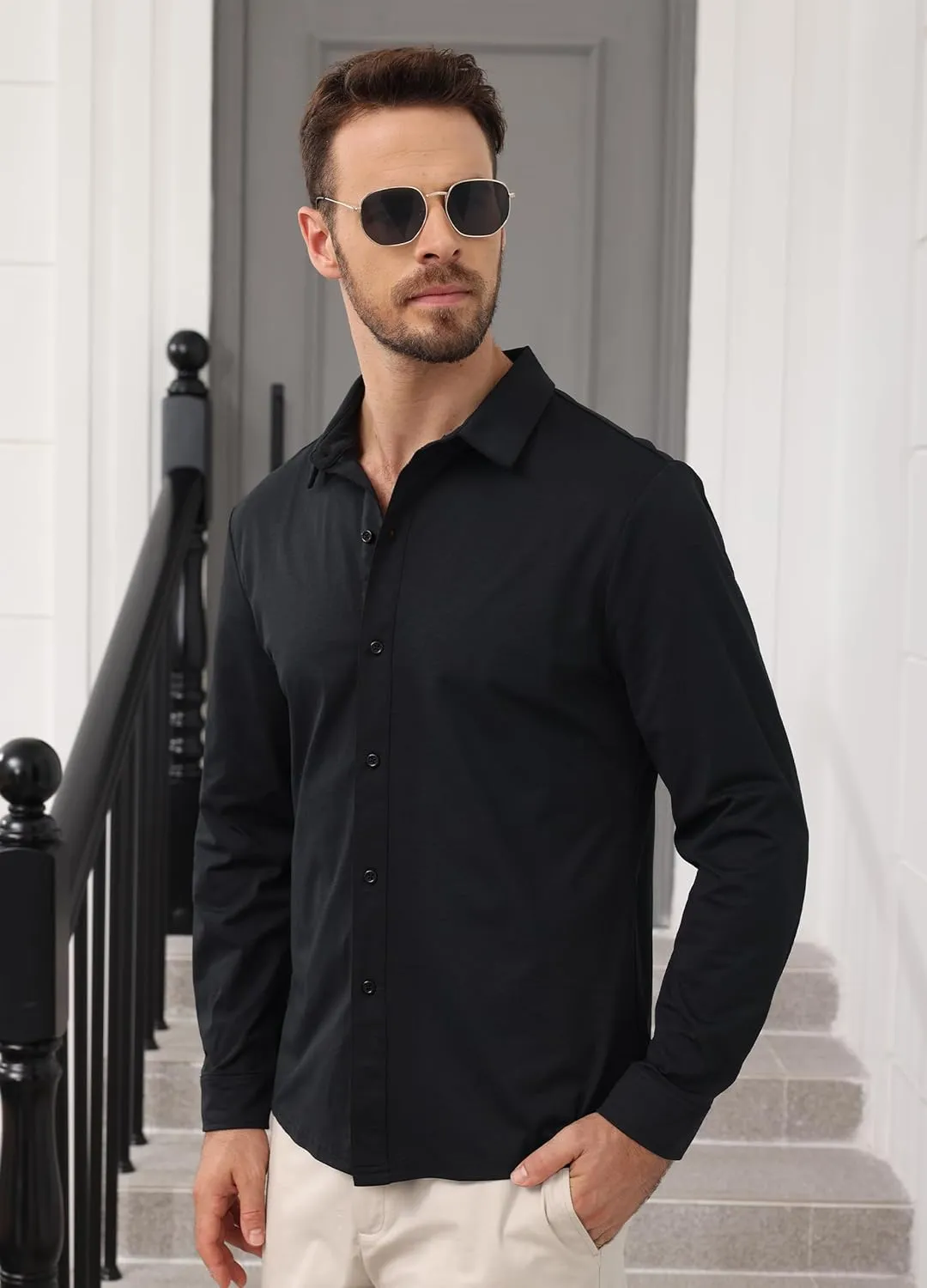 ZTN Men's Casual Stretchy Short Sleeve Button Down Wrinkle Free Shirts UV50  Moisture Untucked Dress Summer Shirts