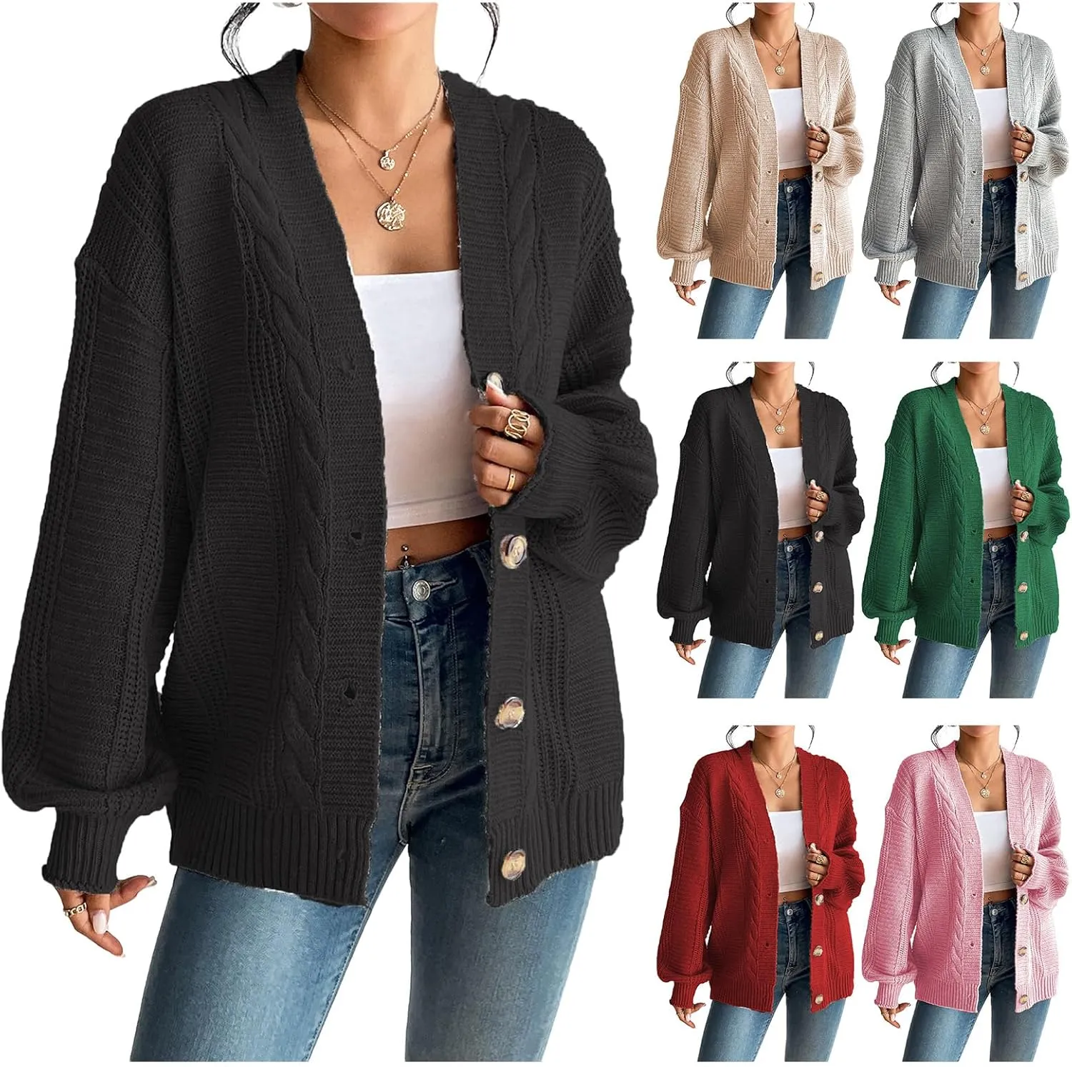 ZWRXW Cardigan Sweaters for Women Button Down Lantern Long Sleeve Sweaters Casual Chunky Knit Solid Jumpers Cardigans