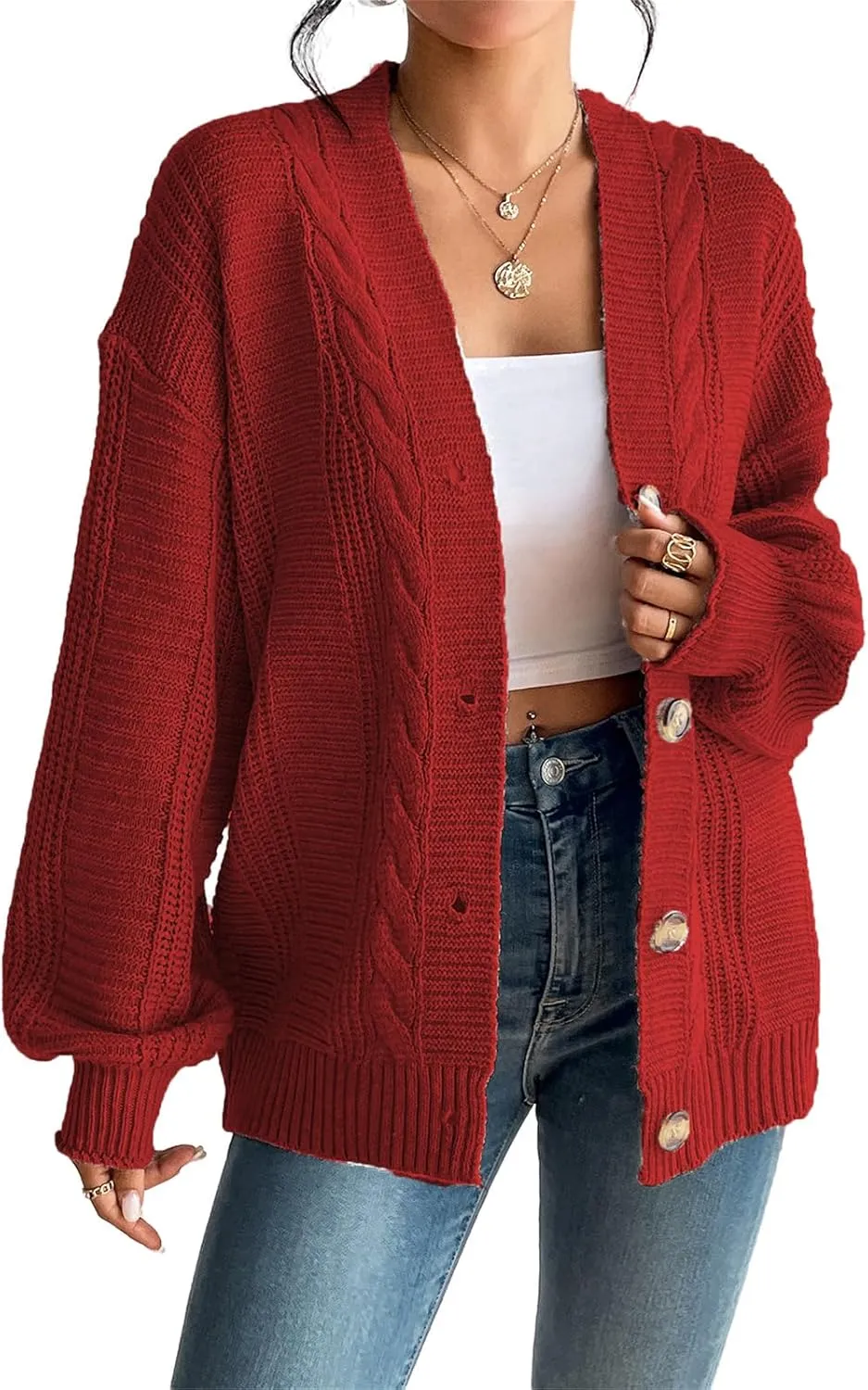ZWRXW Cardigan Sweaters for Women Button Down Lantern Long Sleeve Sweaters Casual Chunky Knit Solid Jumpers Cardigans