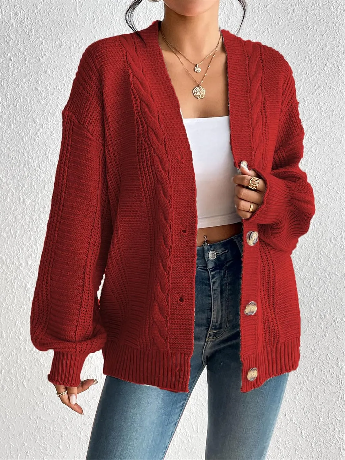 ZWRXW Cardigan Sweaters for Women Button Down Lantern Long Sleeve Sweaters Casual Chunky Knit Solid Jumpers Cardigans